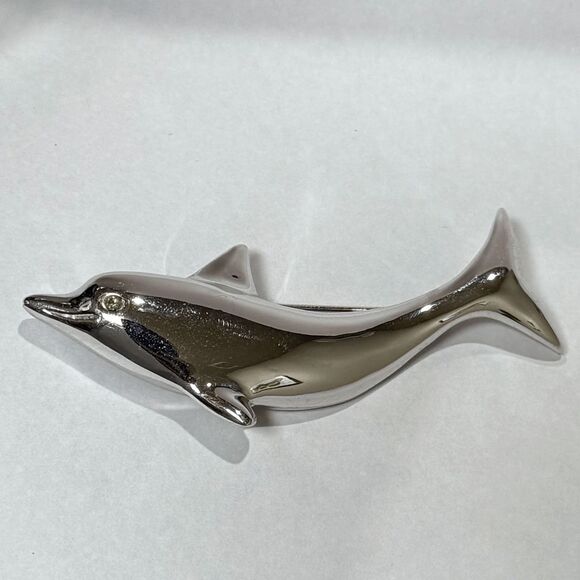 Silver-Tone Dolphin 3" Brooch Chrome Finish Metal Pin Jewelry Rhinestone Eye - Picture 1 of 3